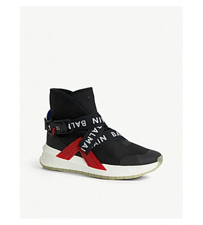 Shop Balmain Troop Strap Leather And Mesh Trainers In Blk/red