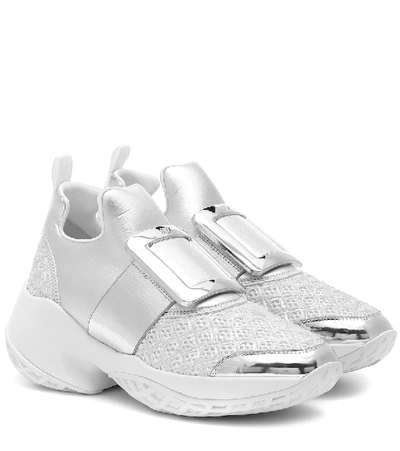 Shop Roger Vivier Viv' Run Leather-trimmed Sneakers In Silver