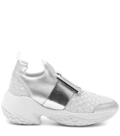 Shop Roger Vivier Viv' Run Leather-trimmed Sneakers In Silver