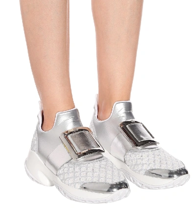 Shop Roger Vivier Viv' Run Leather-trimmed Sneakers In Silver