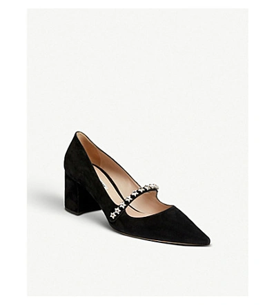 Shop Miu Miu Crystal-embellished Suede Mary Jane Pumps In Nero