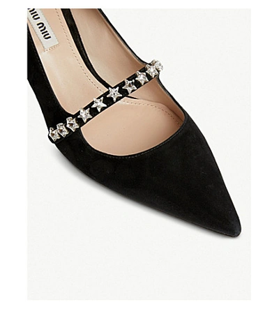 Shop Miu Miu Crystal-embellished Suede Mary Jane Pumps In Nero