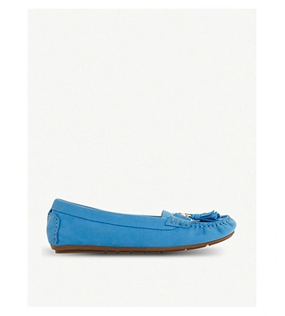 Shop Dune Geena Leather Moccasin Loafers In Blue-nubuck