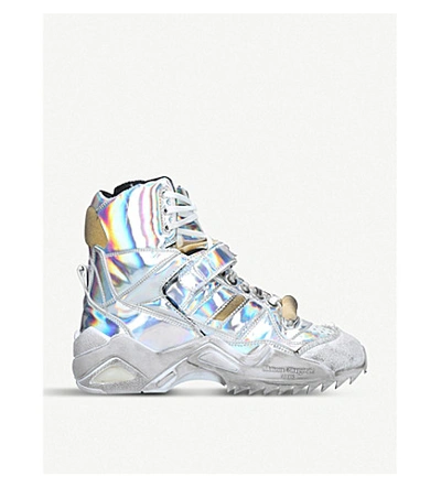 Shop Maison Margiela Chunky Iridescent Distressed Leather High-top Trainers In Silver