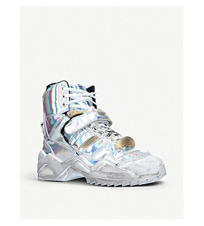 Shop Maison Margiela Chunky Iridescent Distressed Leather High-top Trainers In Silver