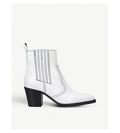 Shop Ganni Western Croc-embossed Leather Heeled Ankle Boots In White
