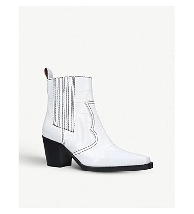 Shop Ganni Western Croc-embossed Leather Heeled Ankle Boots In White