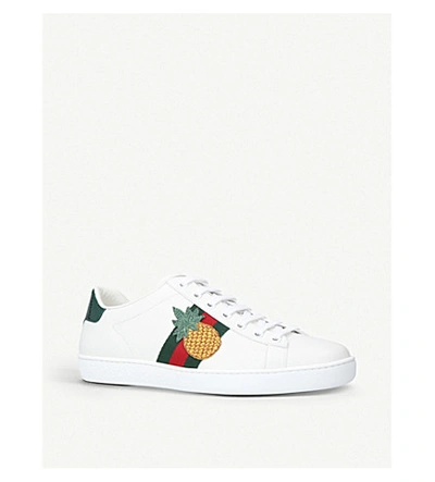 Shop Gucci New Ace Pineapple-applique Leather Trainers In White/oth