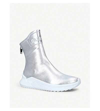 Shop Balmain B-glove Metallic-leather High-top Trainers In Silver