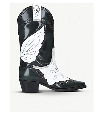 Shop Ganni High Texas Leather Heeled Ankle Boots In Blk/white