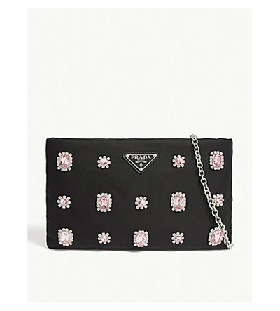 Shop Prada Crystal Jewelled Nylon Pouch In Black Rose