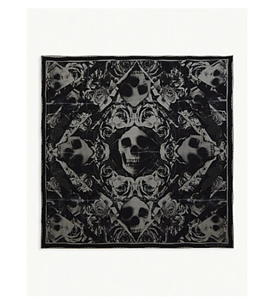 Shop Alexander Mcqueen Ripped Roses Silk Scarf In Black/ivory