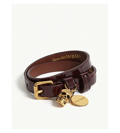 Shop Alexander Mcqueen Croc-embossed Leather Double Wrap Bracelet In Velvet Red/gold