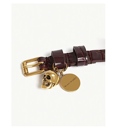 Shop Alexander Mcqueen Croc-embossed Leather Double Wrap Bracelet In Velvet Red/gold