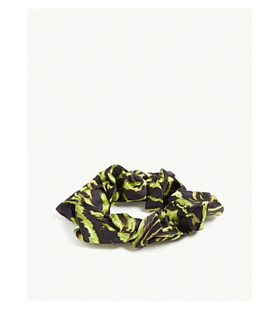 Shop Ganni Printed Silk-blend Woven Scrunchie In Lime Tiger