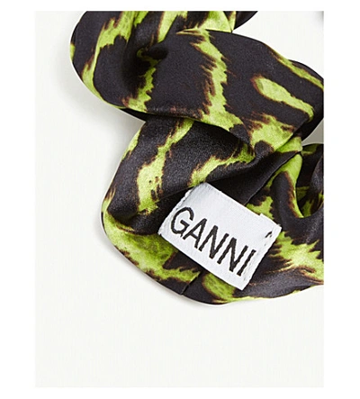 Shop Ganni Printed Silk-blend Woven Scrunchie In Lime Tiger