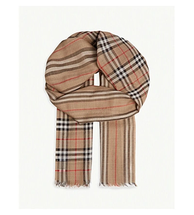 Shop Burberry Vintage Check Wool And Silk-blend Scarf In Archive Stripe