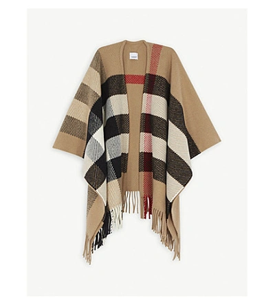 Shop Burberry Giant Check Wool-blend Knitted Cape In Camel Check