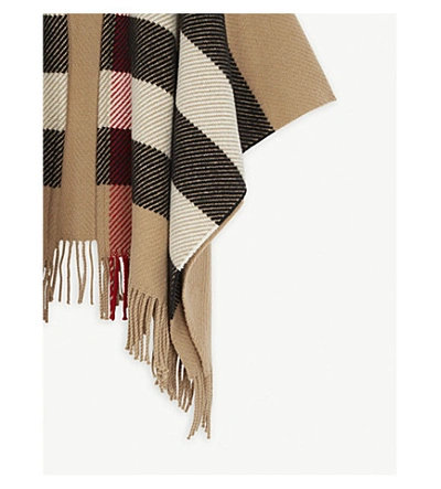 Shop Burberry Giant Check Wool-blend Knitted Cape In Camel Check