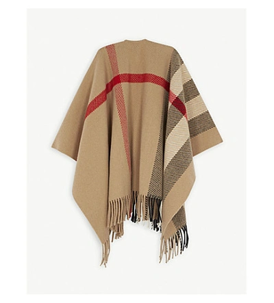 Shop Burberry Giant Check Wool-blend Knitted Cape In Camel Check