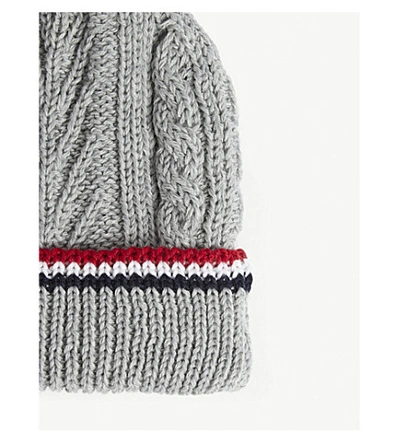 Shop Thom Browne Pom Pom Cable-knit Merino Wool Beanie In Light Grey