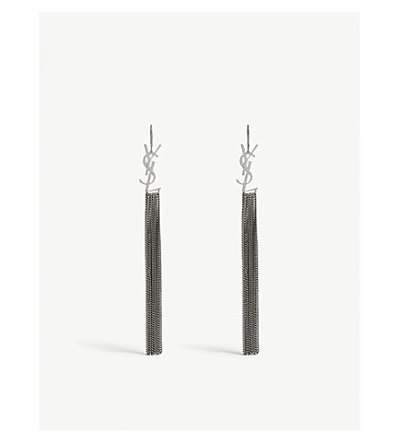 Shop Saint Laurent Loulou Monogram Tassel Stud Earrings In Ruthenium