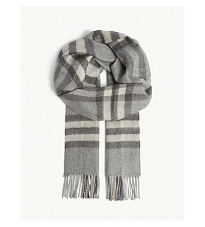 Shop Burberry Checked Cashmere Scarf In Pale Grey