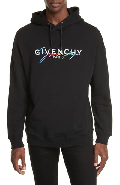 Shop Givenchy Embroidered Rainbow Logo Hooded Sweatshirt In Black