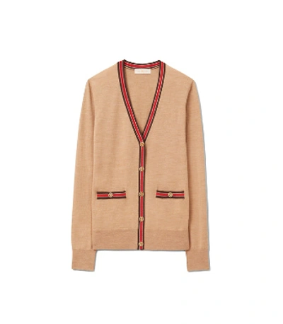 Shop Tory Burch Color-block Madeline Cardigan In Classic Camel/pine Cone