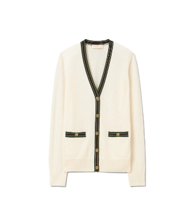 Shop Tory Burch Color-block Madeline Cardigan In New Ivory/malachite