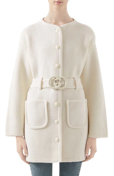 Shop Gucci Belted Long Wool Cardigan In Ivory