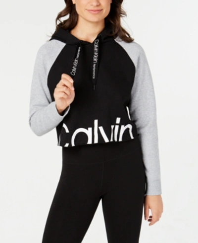 Shop Calvin Klein Performance Colorblocked Logo Cropped Hoodie In Black Combo