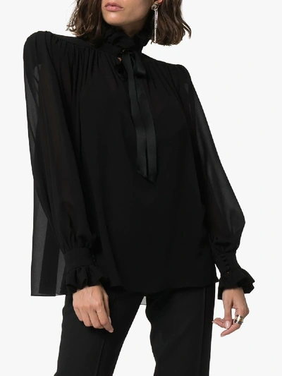 Shop Saint Laurent Exaggerated Shoulder Silk Blouse In Black