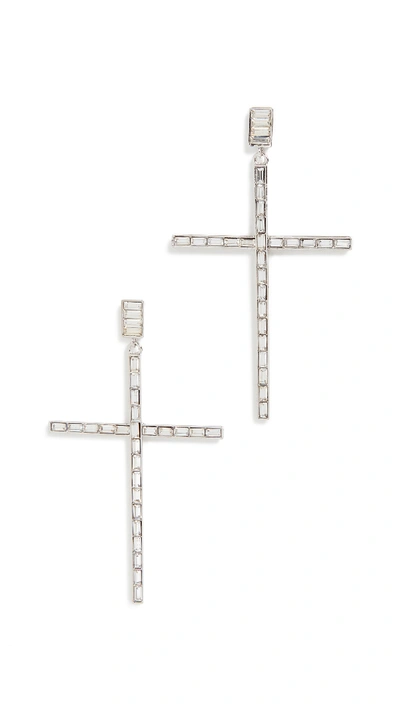 Shop Kenneth Jay Lane Linear Baguette Cross Earrings In Silver/crystal