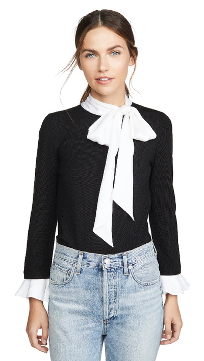 Shop Alice And Olivia Justina Tie Neck Combo Long Sleeve Pullover In Black/off White