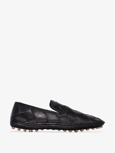 Shop Bottega Veneta Black Woven Leather Loafers