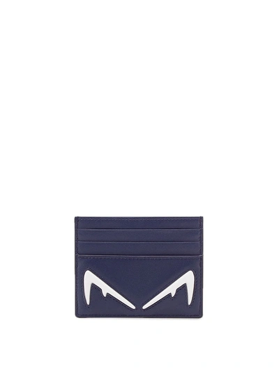 Shop Fendi Diabolic Eyes Detailed Leather Card Holder In Dark Blue
