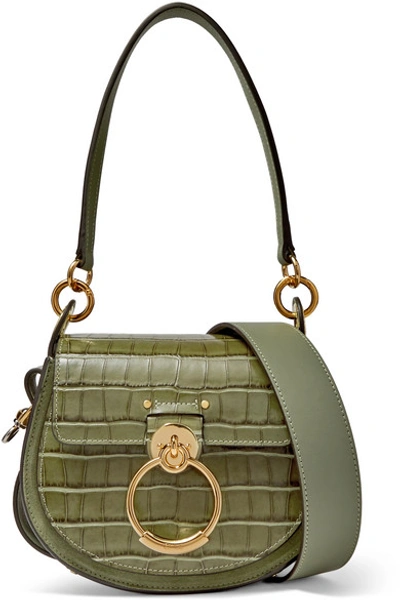 Shop Chloé Tess Small Croc-effect Leather Shoulder Bag In Army Green