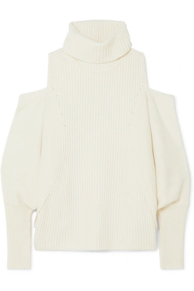 Shop Antonio Berardi Cold-shoulder Ribbed Wool And Cashmere-blend Turtleneck Sweater In Ivory