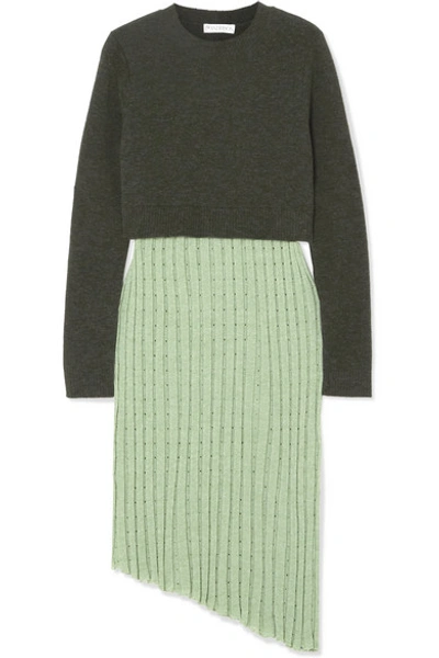 Shop Jw Anderson Asymmetric Layered Wool-blend And Linen-blend Midi Dress In Green