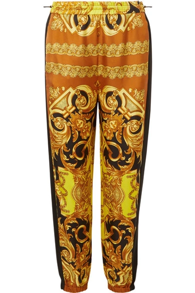 Shop Versace Printed Silk-twill Tapered Track Pants In Yellow