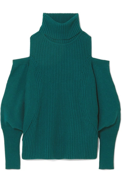 Shop Antonio Berardi Cold-shoulder Ribbed Wool And Cashmere-blend Turtleneck Sweater In Petrol