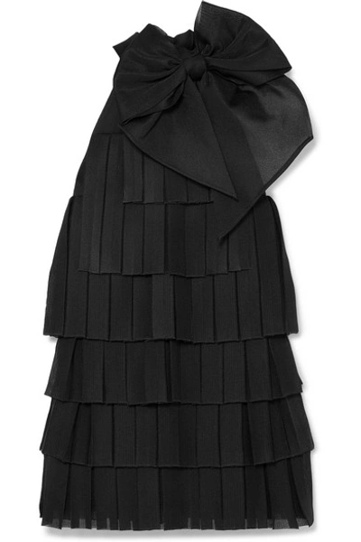 Shop Balmain Bow-embellished Pleated Knitted Mini Dress In Black