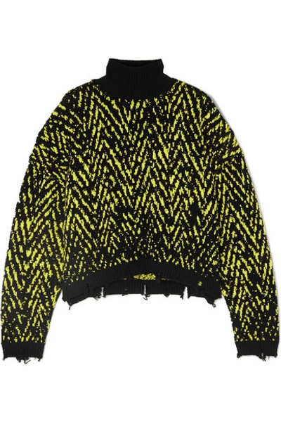 Shop Versace Distressed Intarsia Wool-blend Turtleneck Sweater In Black