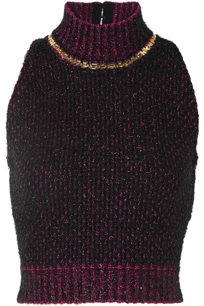 Shop Versace Cropped Embellished Metallic Bouclé Sweater In Black