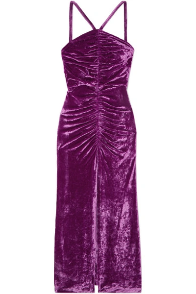 Shop Attico Bow-detailed Ruched Stretch-velvet Maxi Dress In Purple