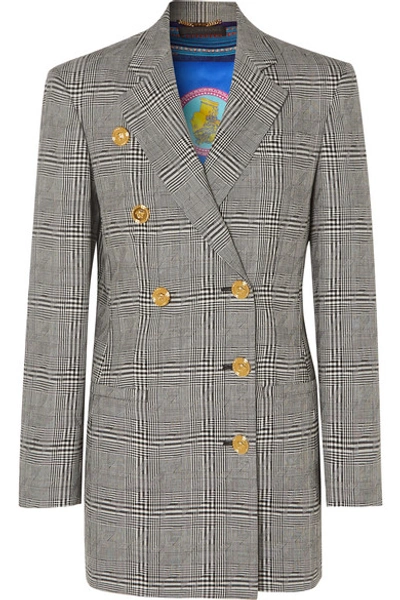 Shop Versace Button-embellished Prince Of Wales Checked Wool Blazer In Gray