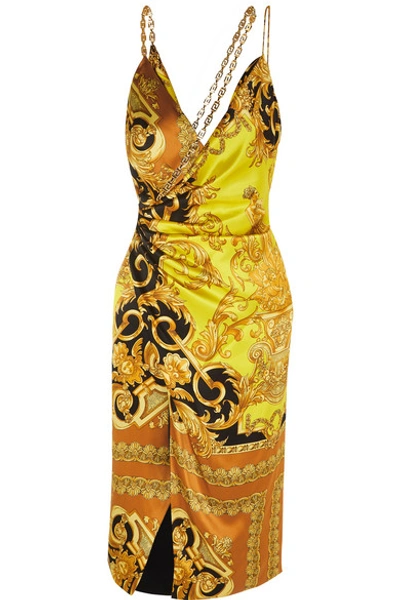 Shop Versace Ruched Embellished Printed Silk-satin Midi Dress In Yellow