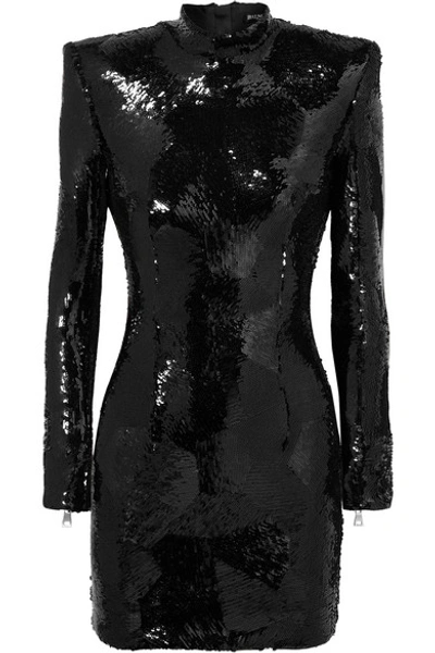 Shop Balmain Sequined Crepe Mini Dress In Black