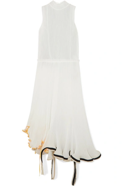 Shop Loewe Canvas-trimmed Plissé-georgette And Linen-gauze Midi Dress In White